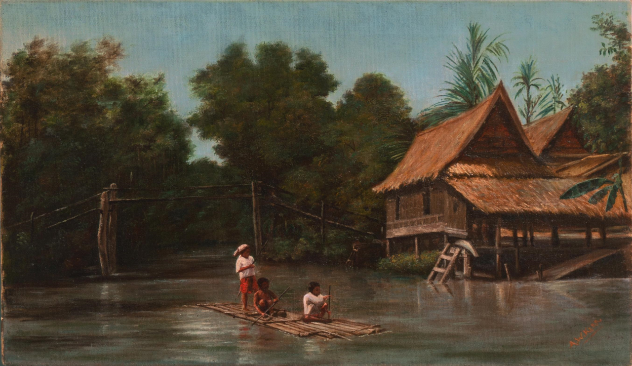 Watercolour painting of the Menam River and its bridges, Bangkok