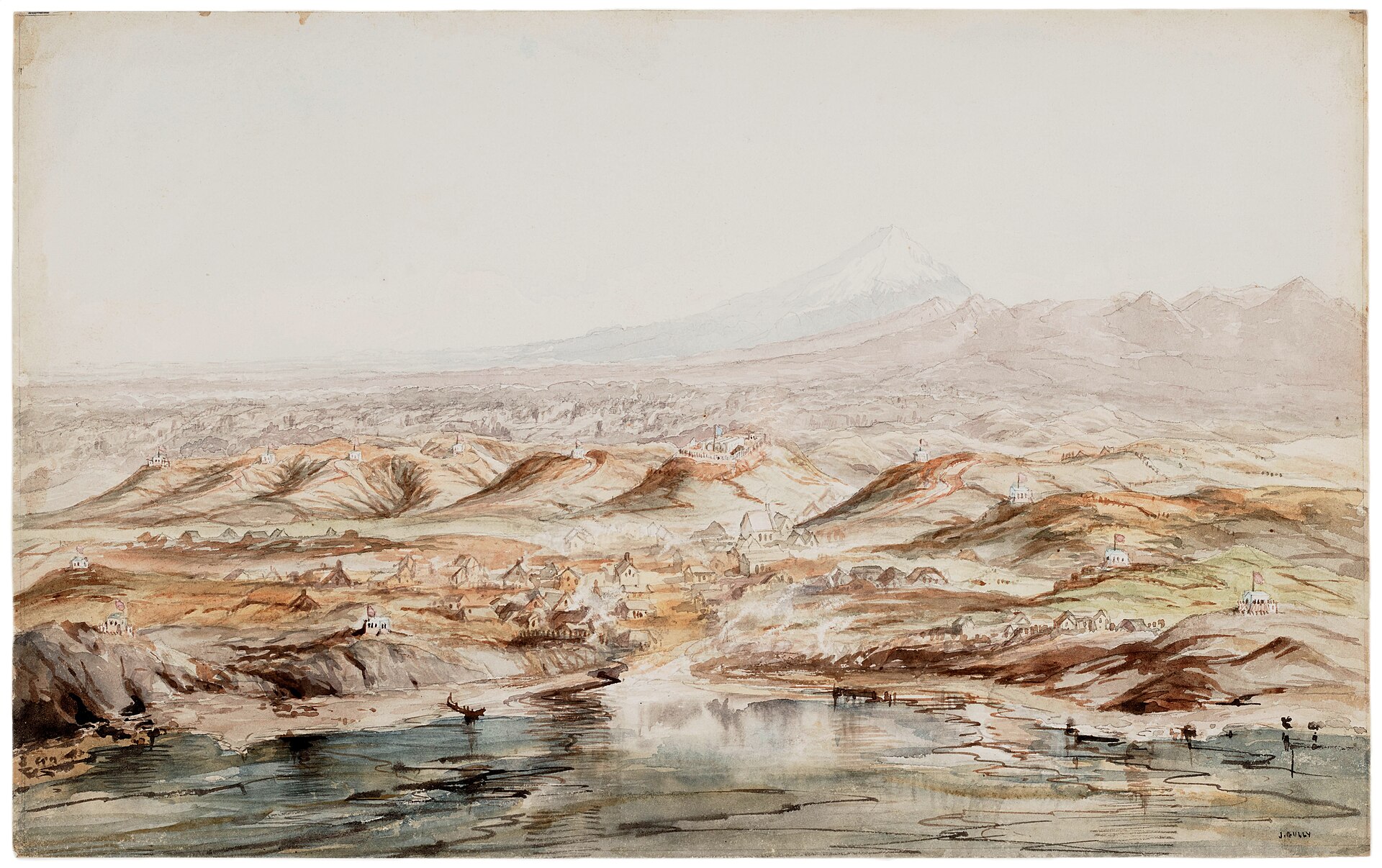 Watercolour townscape of New Plymouth by John Gully
