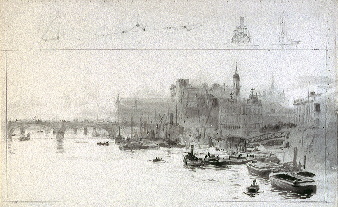 Watercolour riverside view towards Cannon Street Station